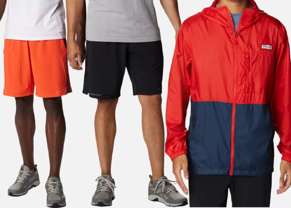 man in orange shorts, man in black shorts, and man in red and blue jacket
