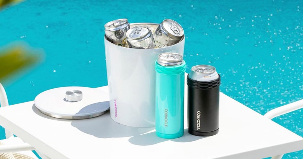 corkcicle can holders on white patio table