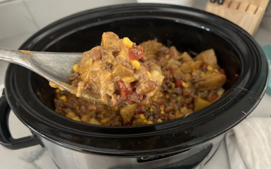 A spoonful of Cowboy Casserole Crock Pot supper