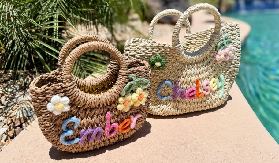 Custom beach bags on the pool