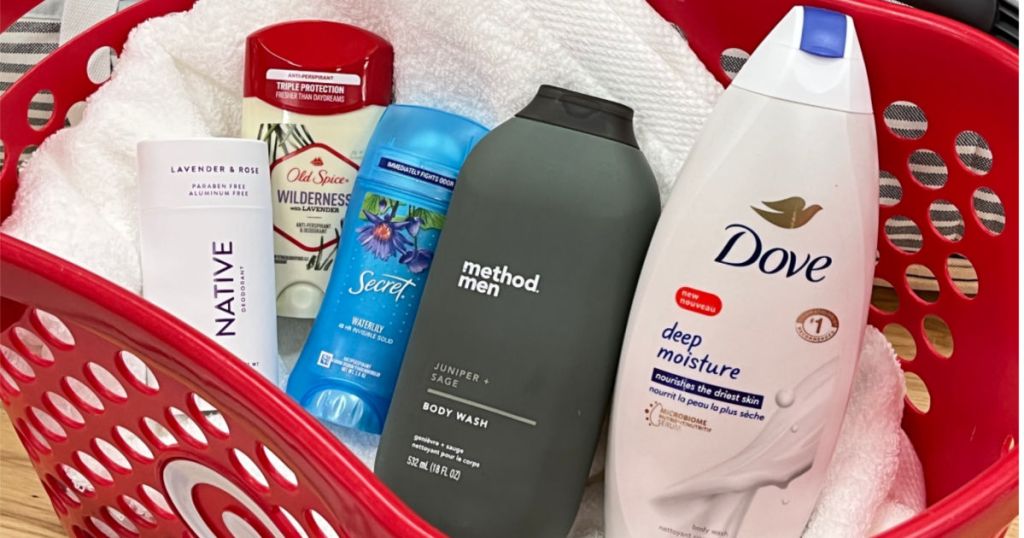 deodorant and body wash in red basket