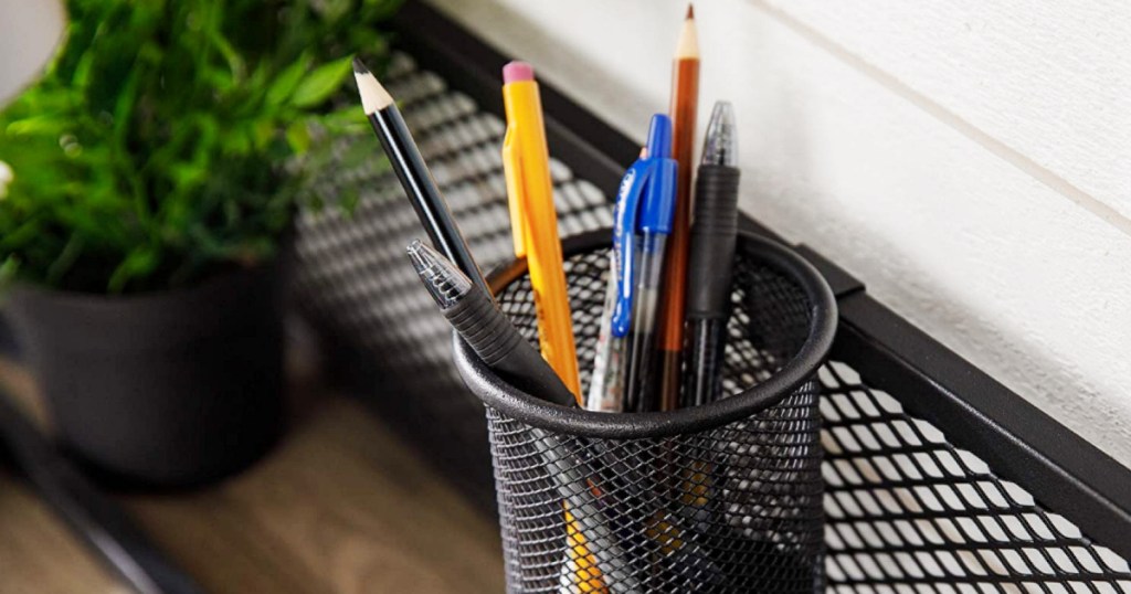 Desk Pencil Holder filled with pens, pencils