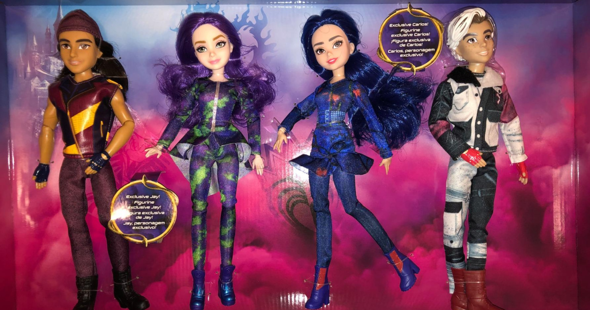 four Disney character dolls
