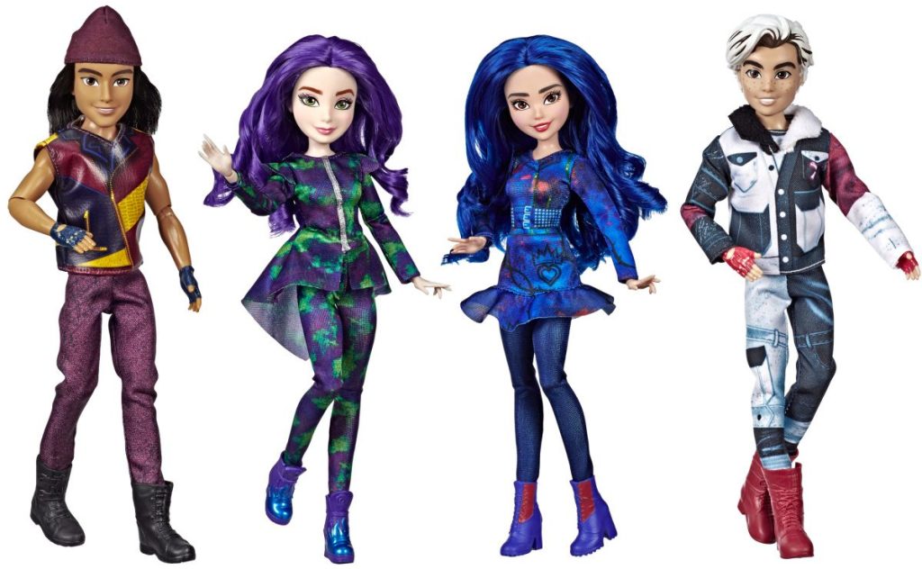 four Disney character dolls