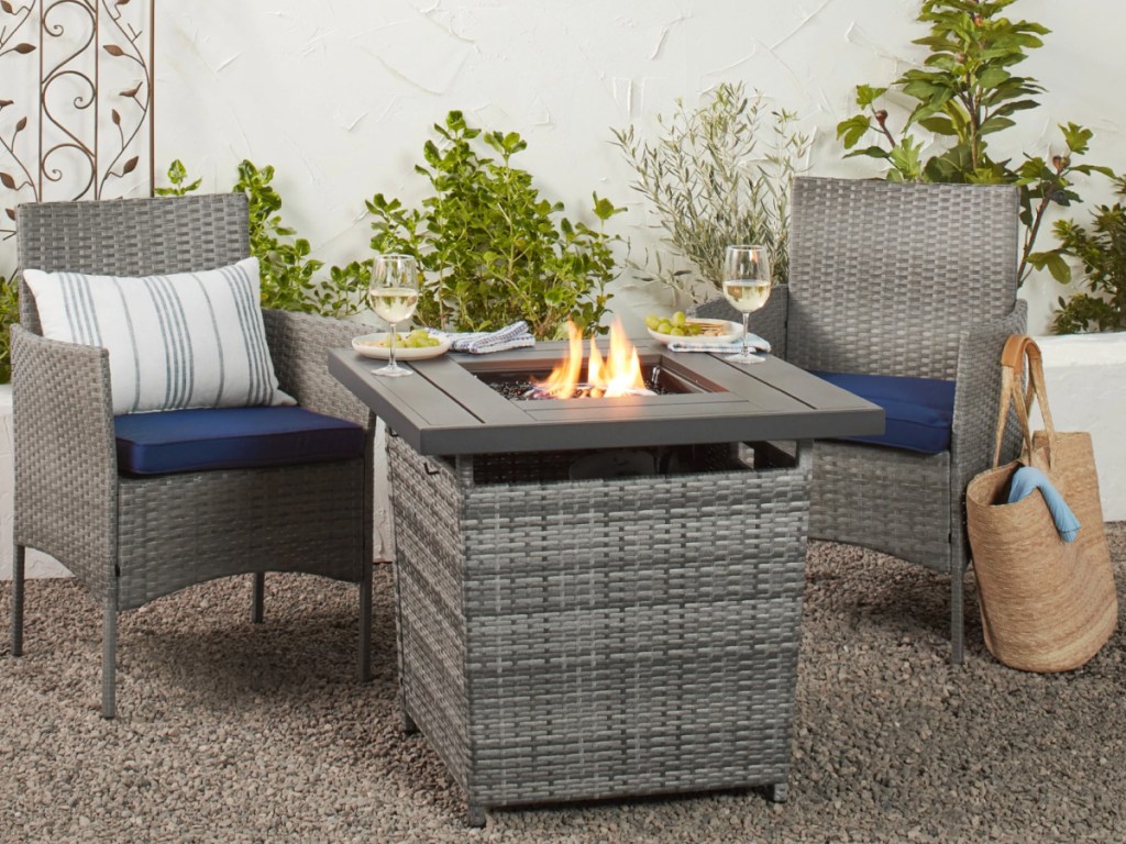 gray wicker fire pit table
