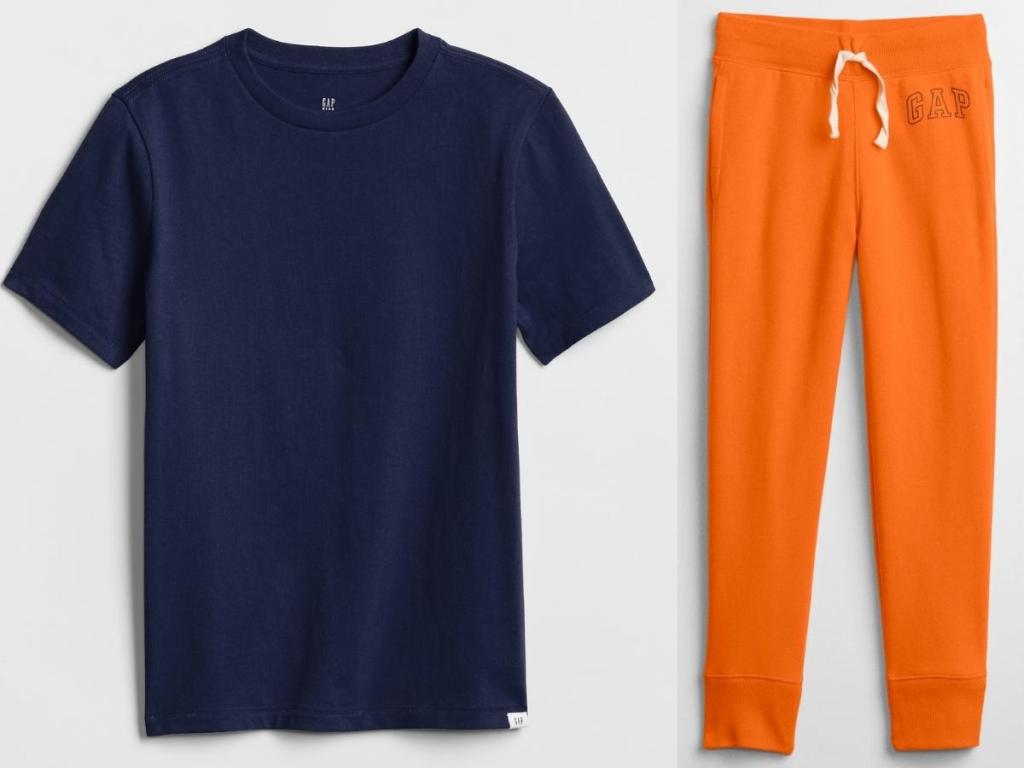 gap factory boys t-shirt and orange joggers