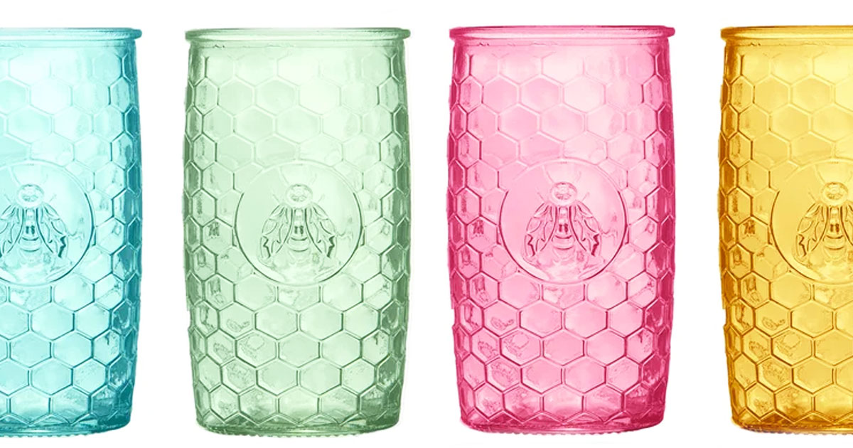 Honey Bee High Ball Glasses RetroWare Set of 4/ 20 Oz Quality Embossed Glass 