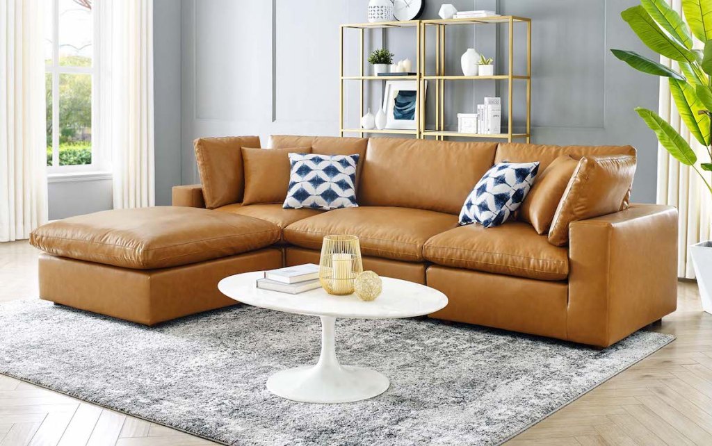 brown leather sectional in living room 