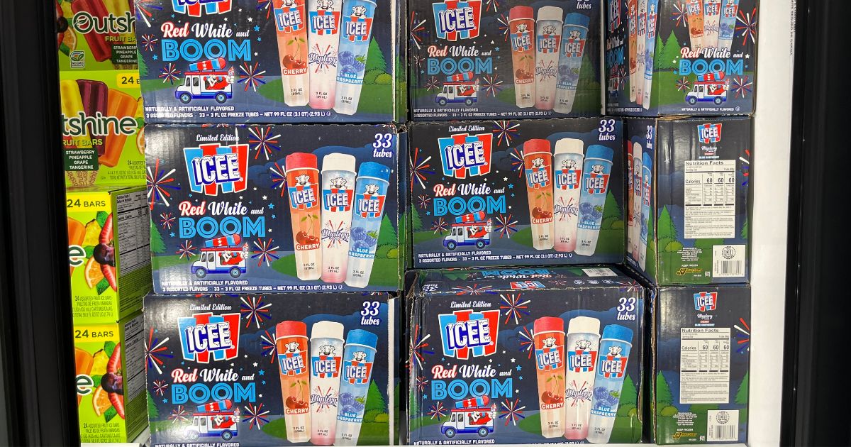 boxes of Icee red white and boom pops in the freezer case at sams club