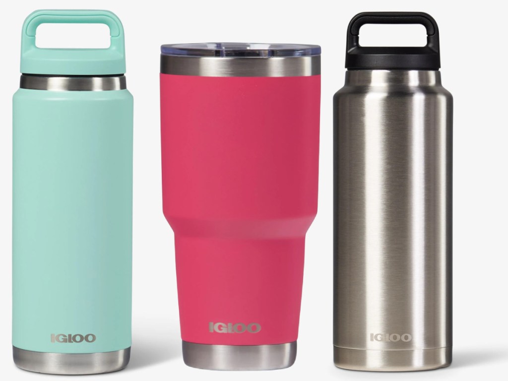 mint bottle, pink tumbler, and stainless steel bottle