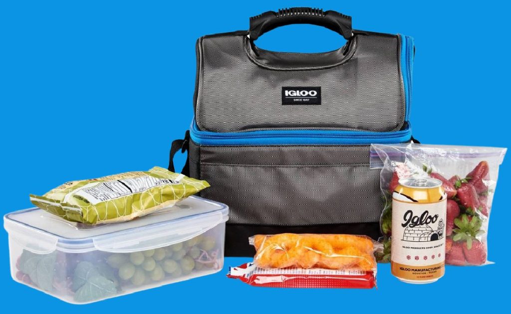 gray and blue cooler lunch bag