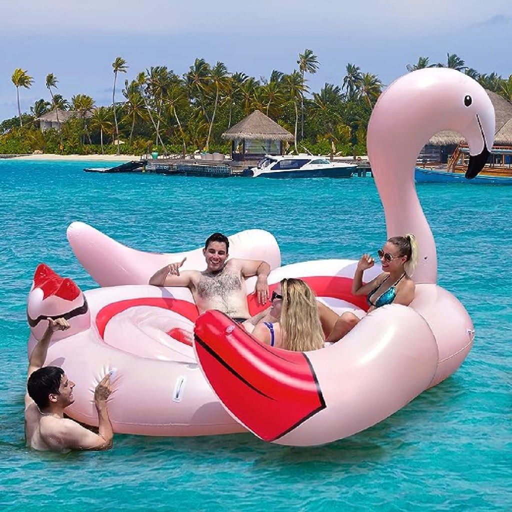 Adults on an Inflatable Flamingo Pool Float