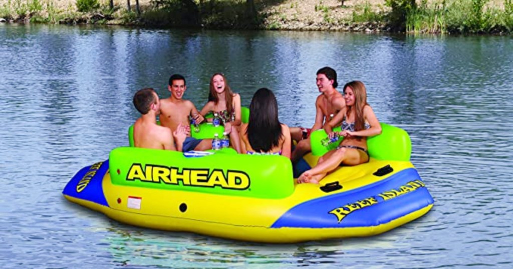 Inflatable float on the water with people