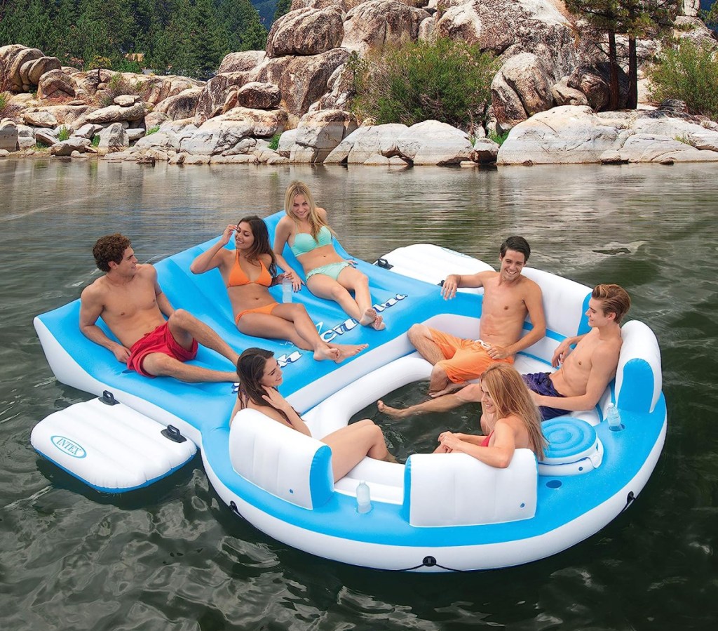 A group of people aboard the Intex Splash N Chill Relaxation Raft, one of the best raft islands