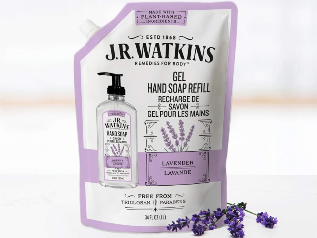 large refill pouch of lavender gel hand soap