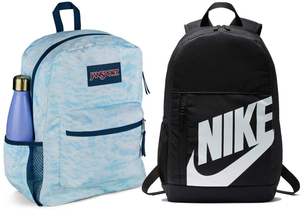 blue cloud print backpack and black backpack