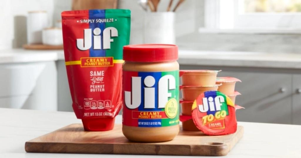 lineup of Jif peanut butter products