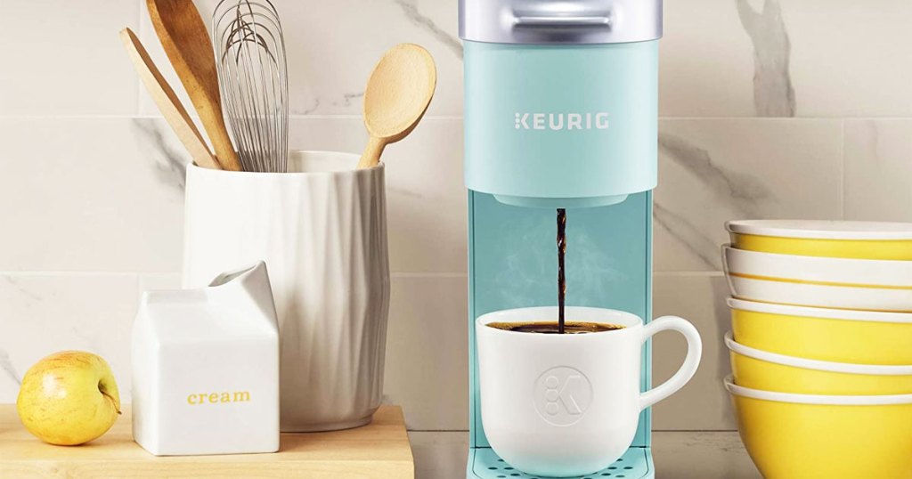 blue mini keurig on kitchen counter