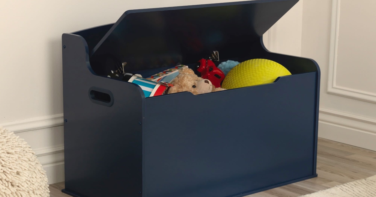 Dark Blue Wooden toy box with the lid open to show the toys inside