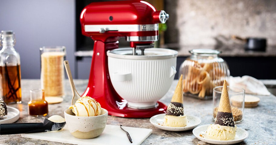 ice cream cones in front of kitchenaid mixer with ice cream attachment