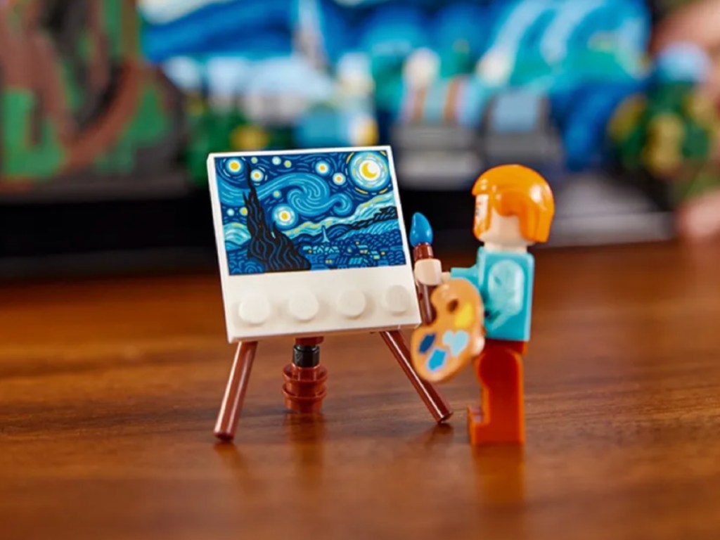 LEGO Vincent van Gogh with art canvas on tabletop