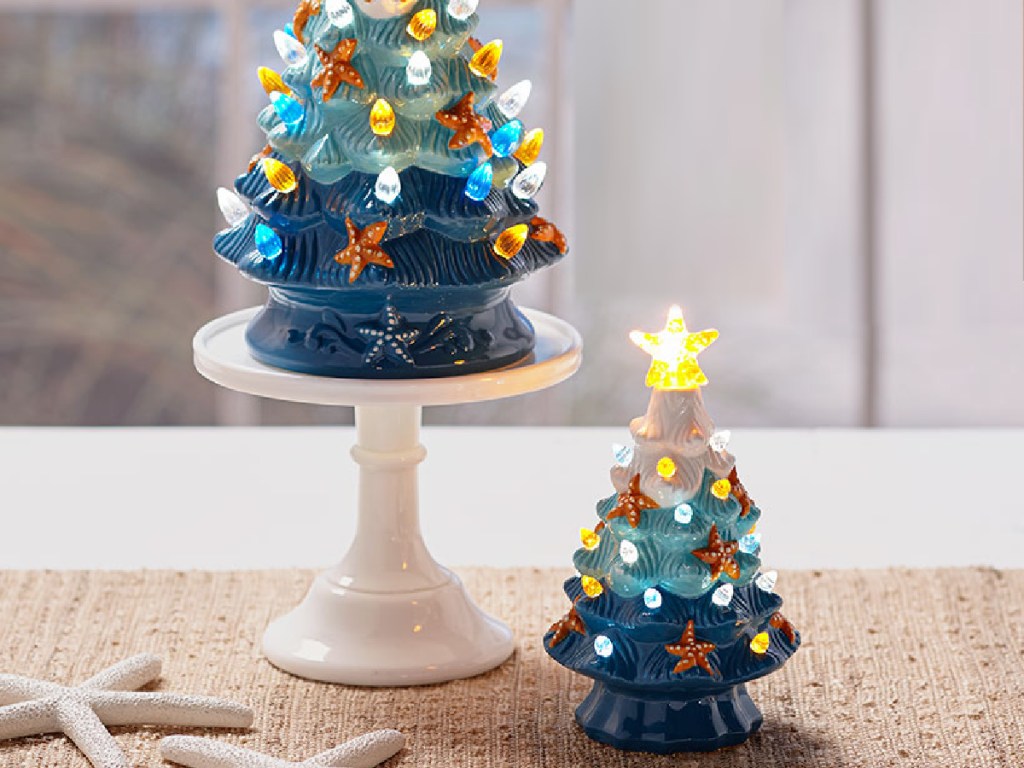 ocean-themed light up trees on table