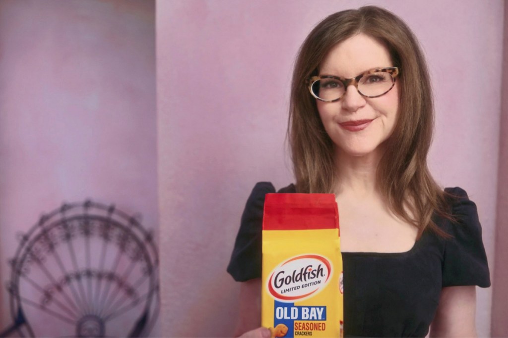 Lisa Loeb with a bag of Old Bay Goldfish