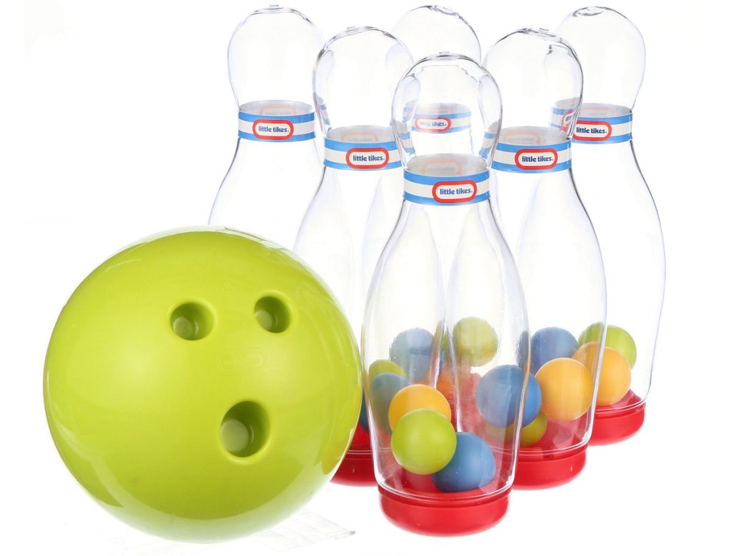 green bowling ball and clear bowling pins