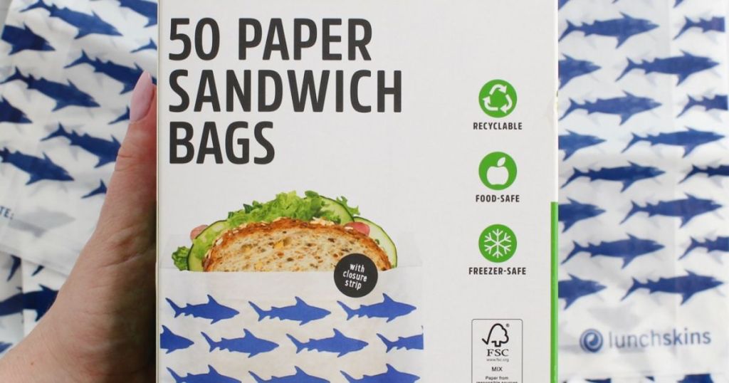 Lunchskins Paper Sandwich Bags 50-Count box with shark bags in background