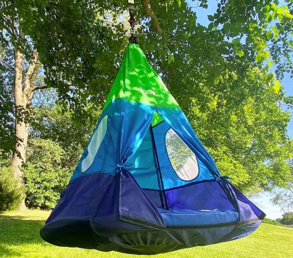 blue and green tent swing