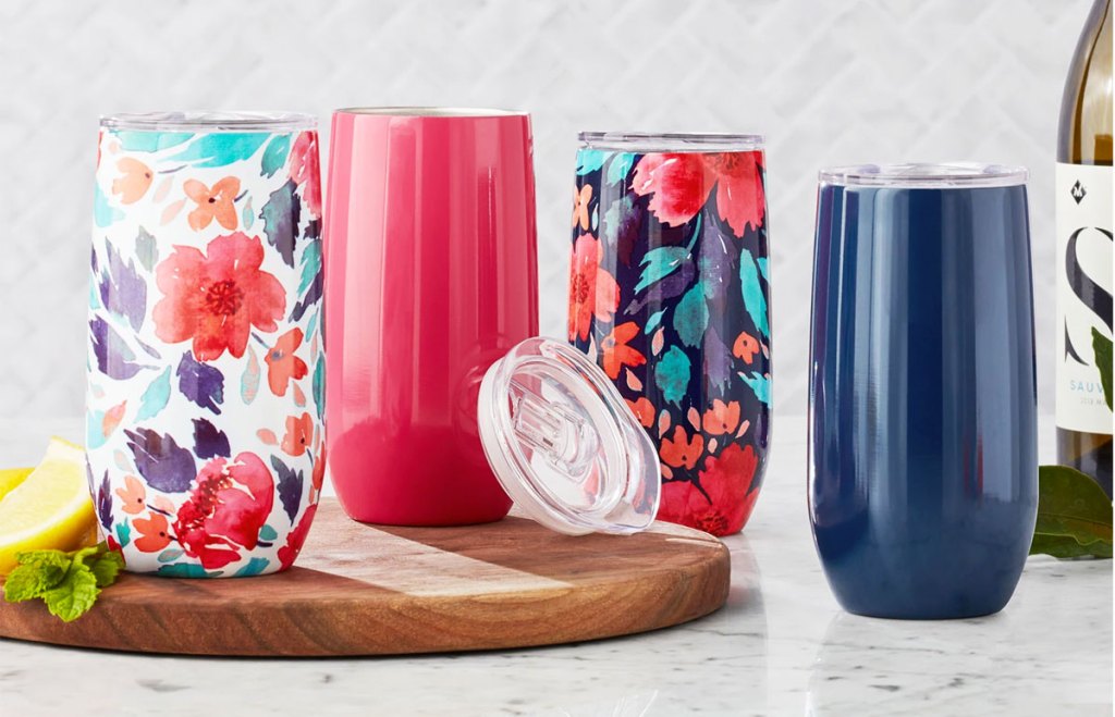 colorful tumblers on kitchen counter