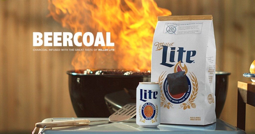 bag of Miller Lite Beercoal in front of grill
