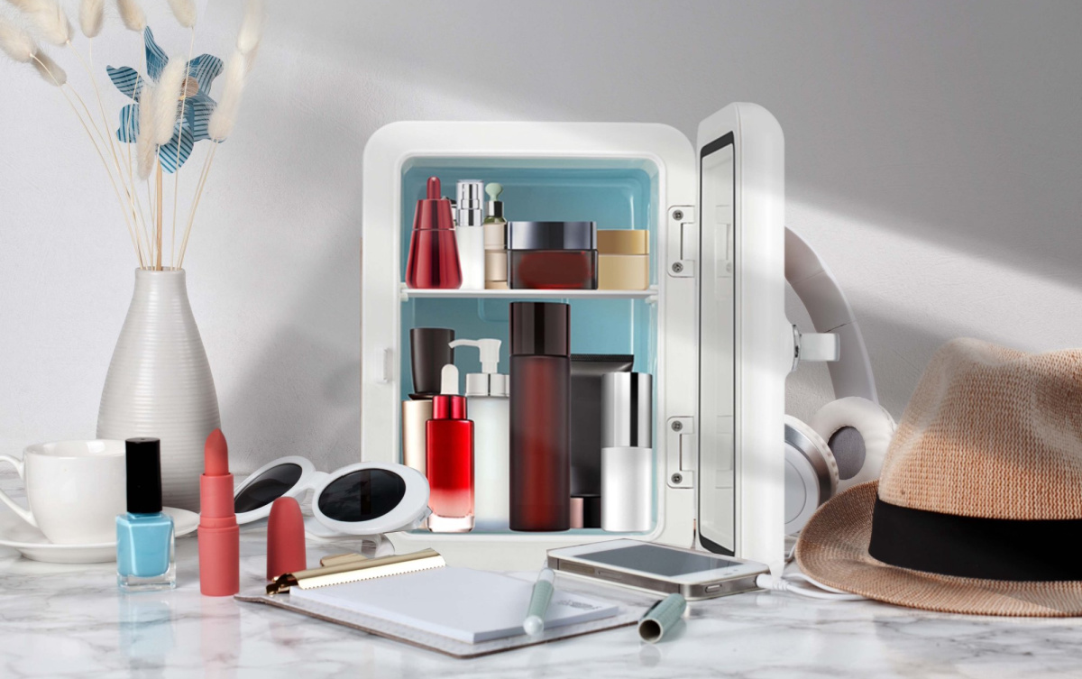 open mini-fridge with beauty products