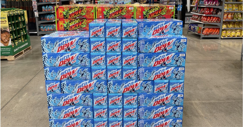 Mountain Dew Frost Bite stacks of 12-packs