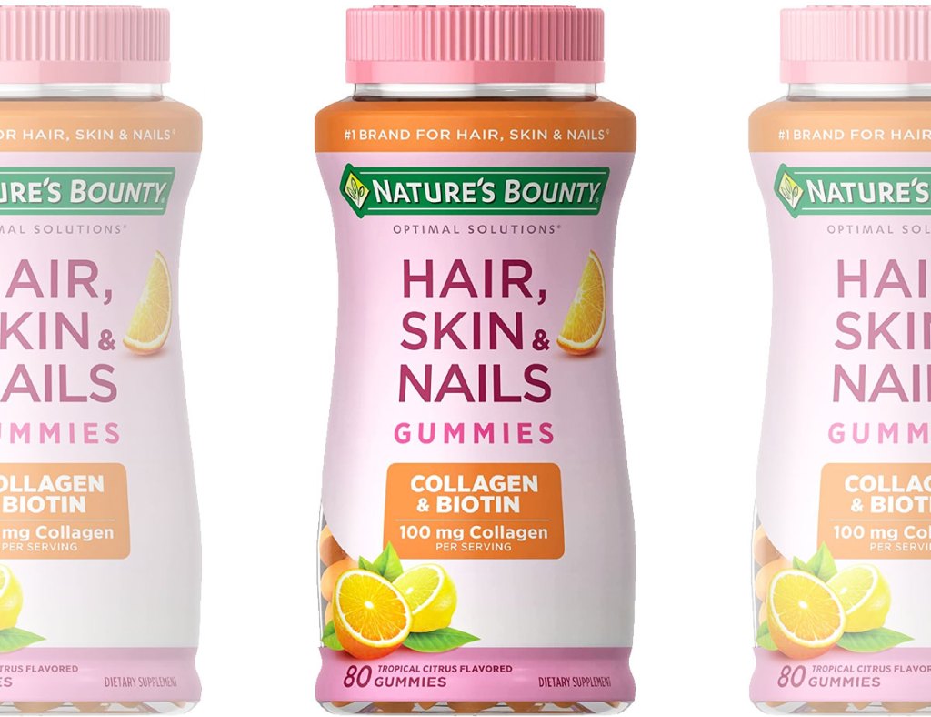 pink bottles of Nature's Bounty Hair, Skin & Nails Gummies
