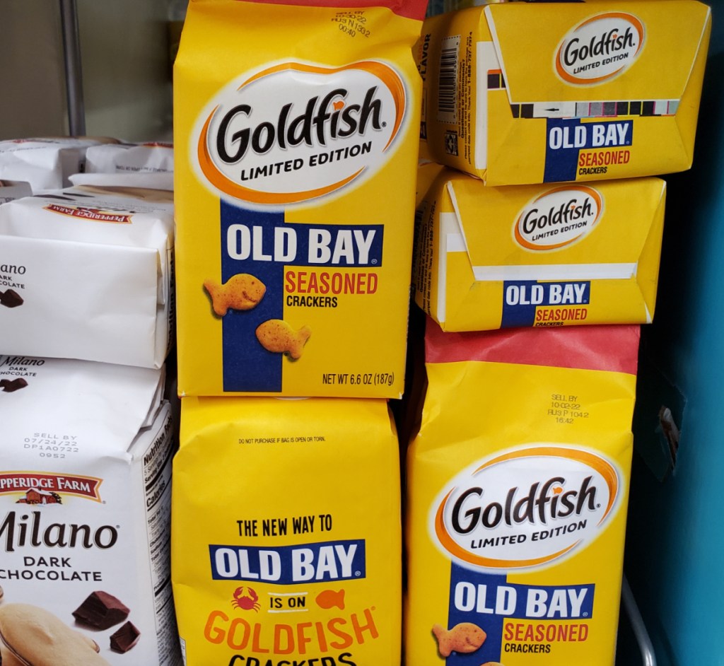 Bags of Old bay goldfish crackers on the shelf