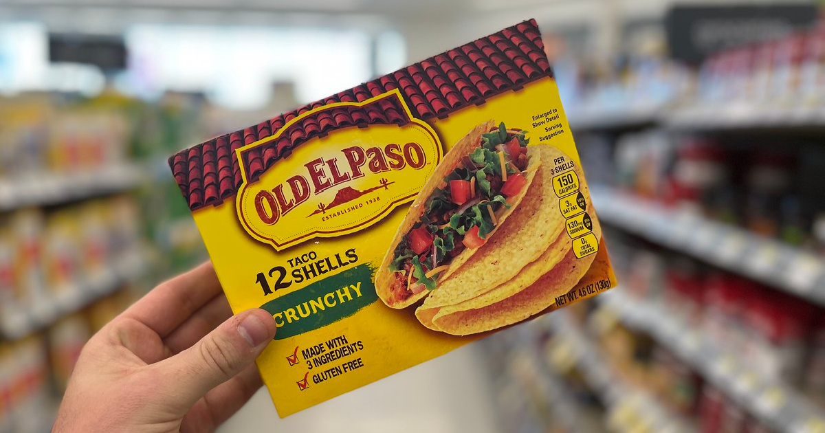 hand holding up Old El Paso Taco Shells