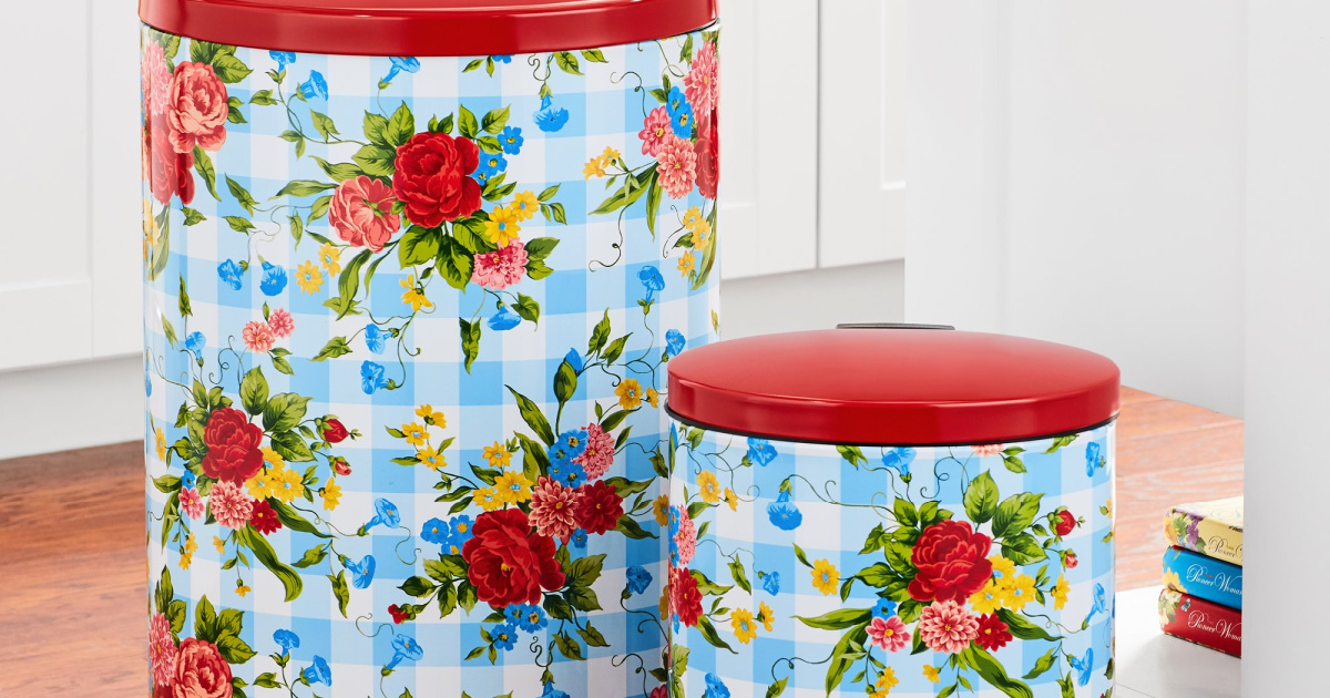 two colorful Pioneer Woman Trash Can next to each other in kitchen