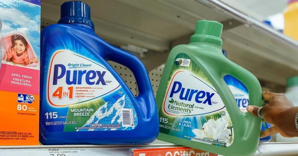 two bottles of purex laundry detergent in store