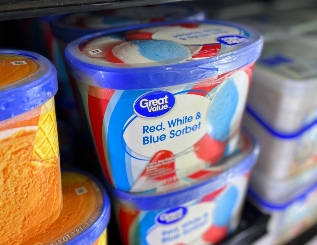 red white and blue sorbet in a large container in freezer section of store