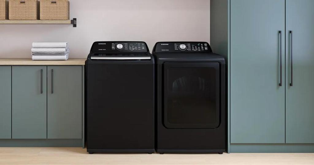 samsung high efficiency washer and sanitize dryer in laundry room