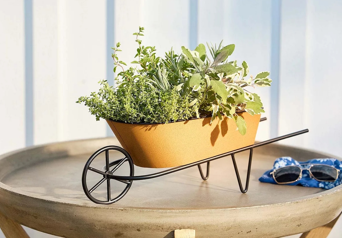 Planter that looks like a wheelbarrow on a table