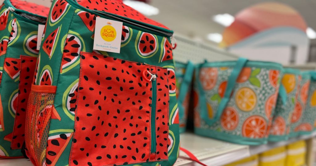 watermelon backpack on shelf 