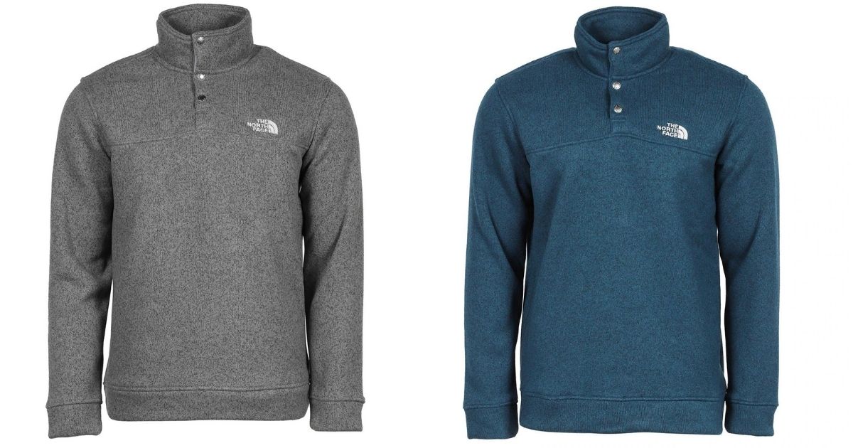 gray and blue the North Face snap sweater