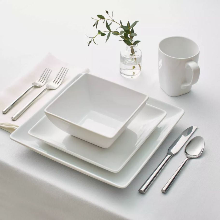 a square white 4 piece place setting