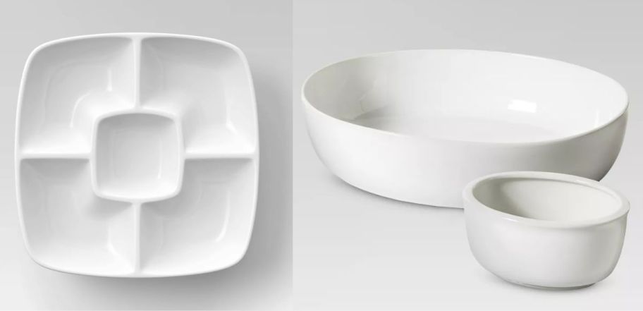 a square divided serving platter and a chip and dip bowl set