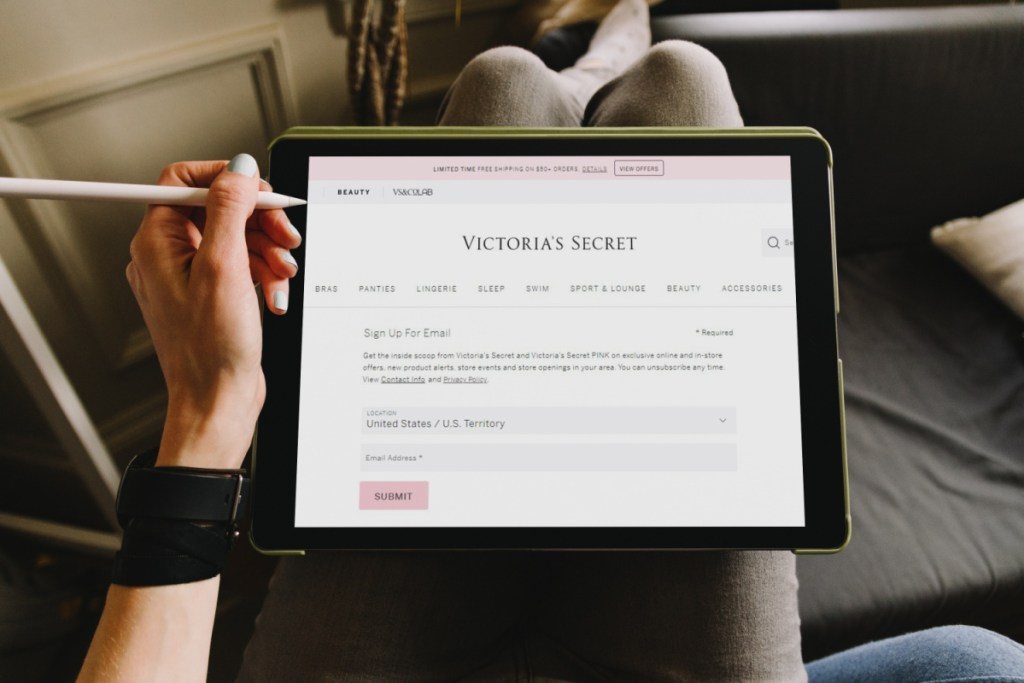 victorias secret email list signup screen shown on ipad