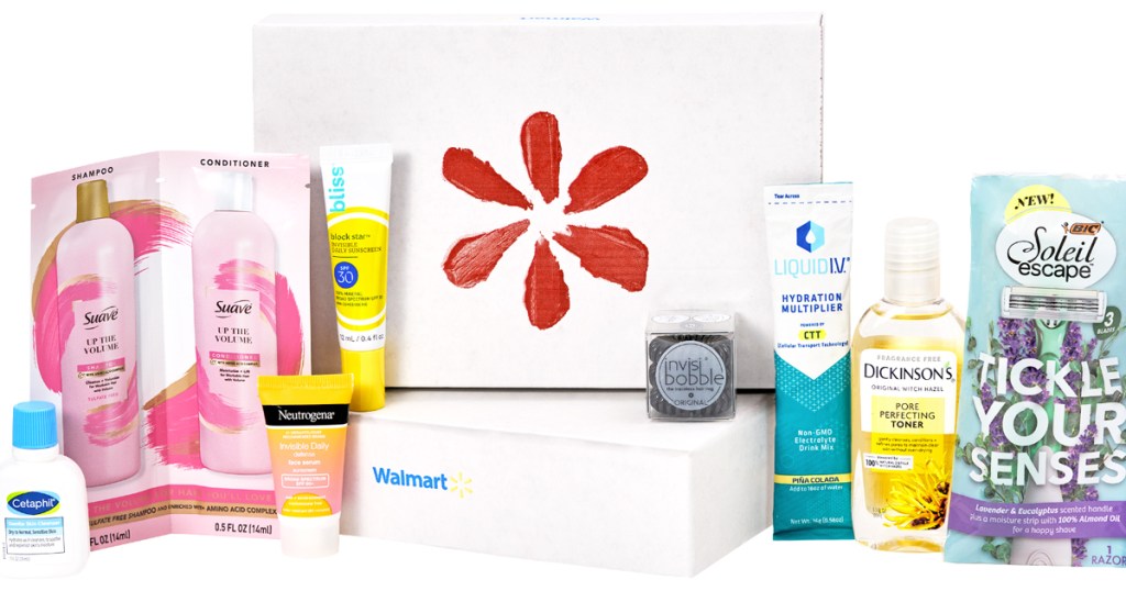 walmart beauty box with samples around it