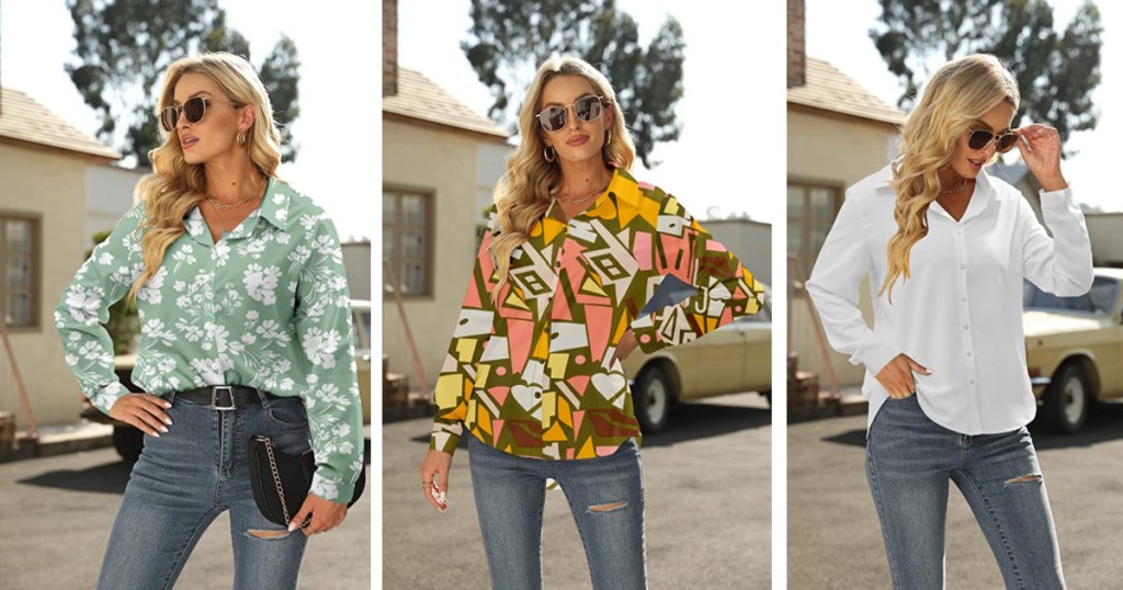 blond woman modeling 3 different blouse styles outside
