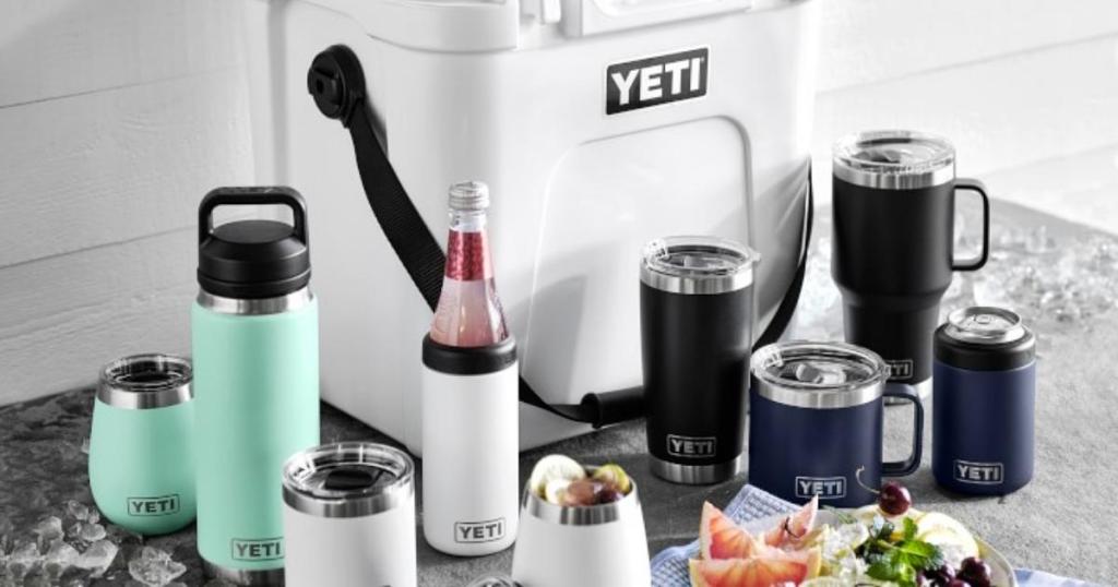 yeti cooler and drinkware in different colors